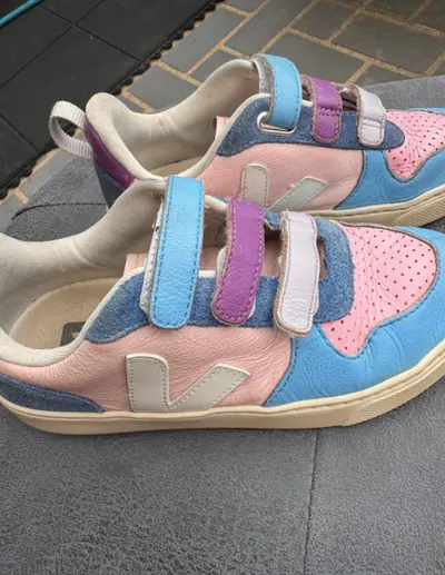 Veja Kids Leather Trainers Pink Blue Velcro Sneakers Eu 34 UK 2.5 Shoes
